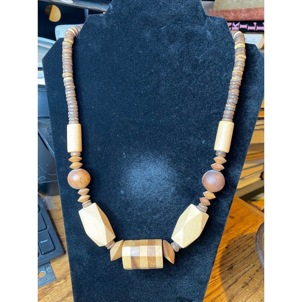26" Vintage Wooden Bead Necklace With Geometric Shapes and Barrel Clasp